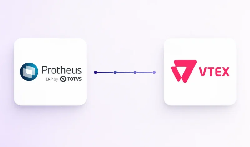 Integração entre o ERP Protheus e VTEX, representada por dois cartões conectados por um fluxo de dados
