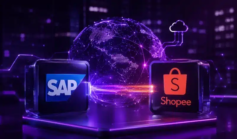 Integração SAP S/4HANA com Shopee com blocos de sistema conectados e fluxo digital de informações