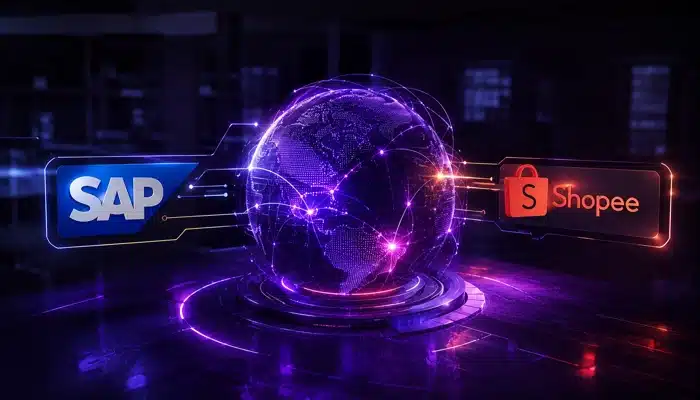 Integração SAP S/4HANA com Shopee com globo digital ao centro conectando SAP e Shopee