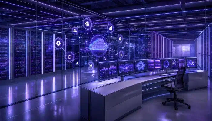 Integração SAP S/4HANA com Shopee em ambiente de data center com painéis de controle e nuvem digital