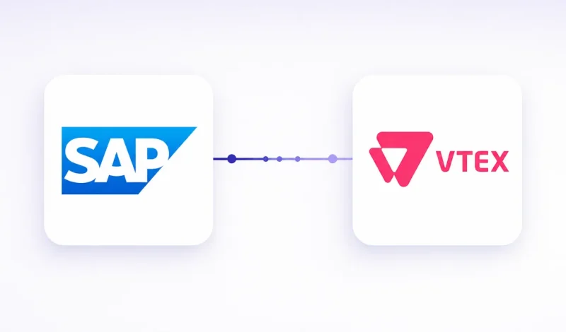 Integração entre o ERP SAP S/4HANA e VTEX, representada por dois cartões conectados por um fluxo de dados