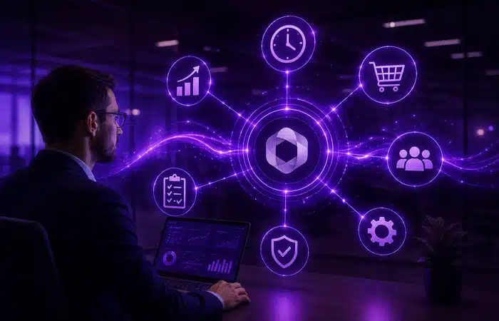 integração WinThor com Shopee com gestor analisando painel e ícones de vendas, clientes e operações