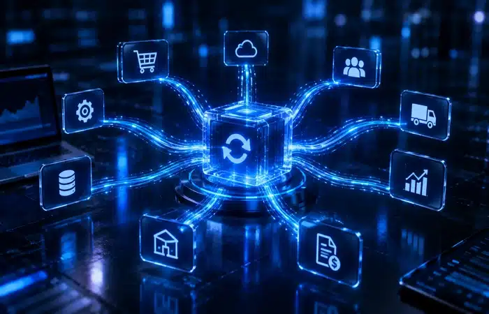 Integração Consinco com TikTok Shop representada por conexões digitais entre diferentes sistemas e processos de e-commerce.