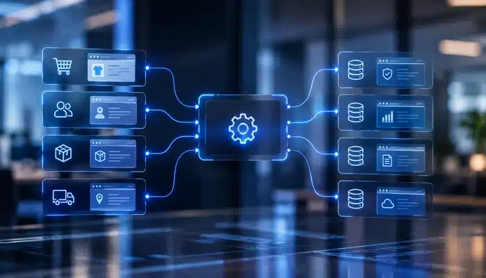 Integração Protheus com Shopify representada por um painel tecnológico com fluxos de dados entre sistemas, pedidos, produtos, clientes e informações empresariais.