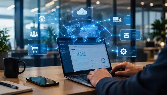 Integração Protheus com Shopify ilustrada em um ambiente corporativo com painel digital, conexões de dados, nuvem, pedidos, clientes e indicadores.