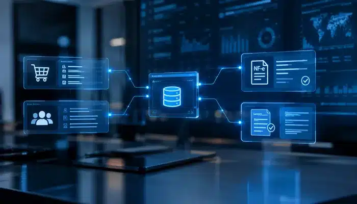 Integração Sankhya com Shopify representada por conexões entre pedidos, clientes, dados e sistemas digitais