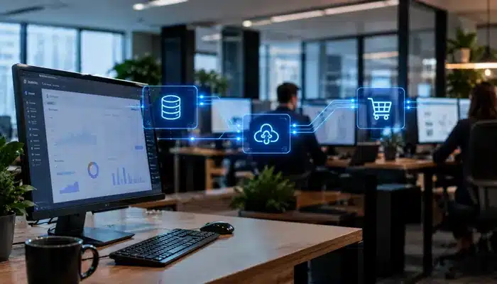 Integração Sankhya com Shopify em escritório com computadores e conexões de dados entre sistemas