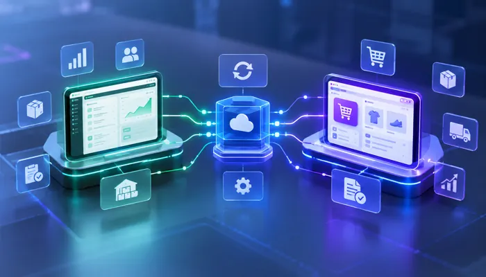 Integração Sankhya com Tray representada por sistemas conectados e processos tecnológicos