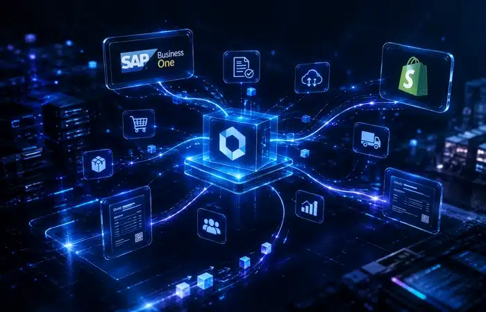 Integração SAP Business One Shopify conectando ERP, e-commerce, pedidos, produtos, estoque e logística por meio de fluxos de dados.