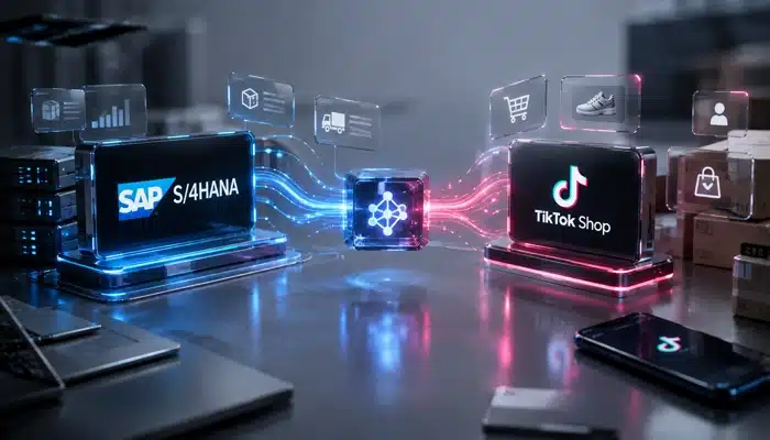 Integração SAP S/4HANA com TikTok Shop conectando pedidos, produtos, clientes, logística e dados de vendas.