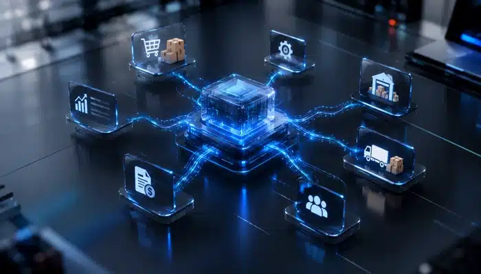Integração SAP S/4HANA com TikTok Shop conectando dados de pedidos, estoque, produtos, clientes e logística.