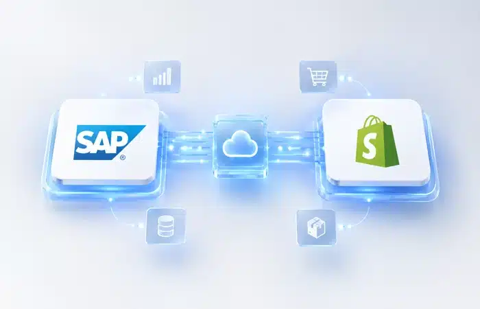 Integração SAP S/4HANA Shopify representada por sistemas conectados por fluxos digitais e tecnologia em nuvem