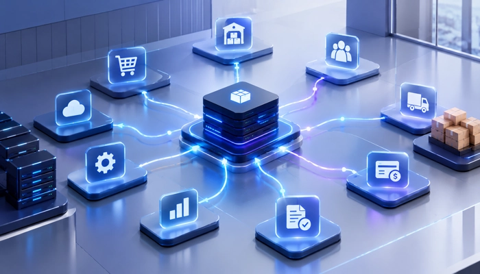 Integração WinThor WooCommerce em um ambiente de ERP com fluxos tecnológicos conectando diferentes processos