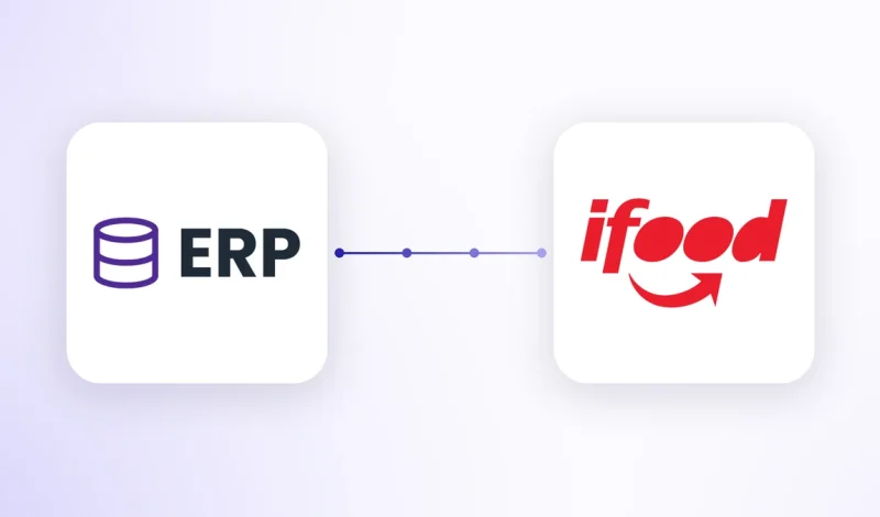 Como integrar iFood com ERP representado por dois cartões com o ícone do ERP e o logo do iFood conectados por um fluxo de dados