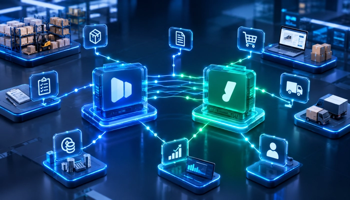 Integração Protheus Bling representada por conexões tecnológicas entre ERP e comércio eletrônico