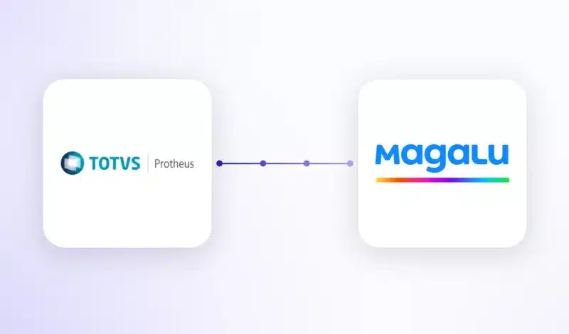 Integração Protheus Magalu representada por dois cartões com os logos do ERP e do marketplace conectados por um fluxo de dados