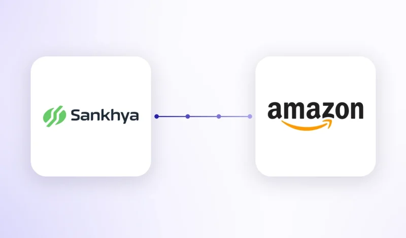 Integração Sankhya Amazon representada por dois cartões com os logos do ERP e do marketplace conectados por um fluxo de dados