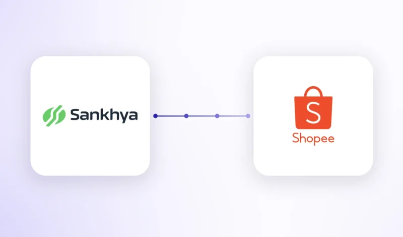 Integração Sankhya Shopee representada por dois cartões com os logos do ERP e do marketplace conectados por um fluxo de dados