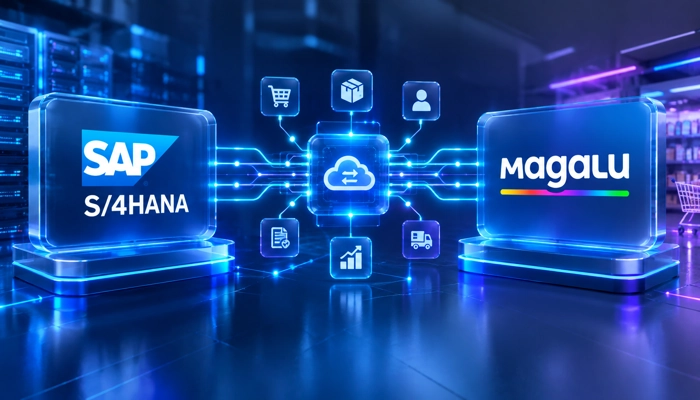 Integração SAP S/4HANA Magalu representada por fluxos de dados e processos tecnológicos conectando sistemas de gestão e marketplace