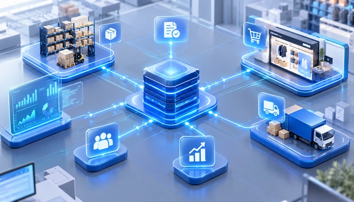 Integração SAP S/4HANA Magalu com logos dos sistemas conectados por fluxos de dados e tecnologia de integração